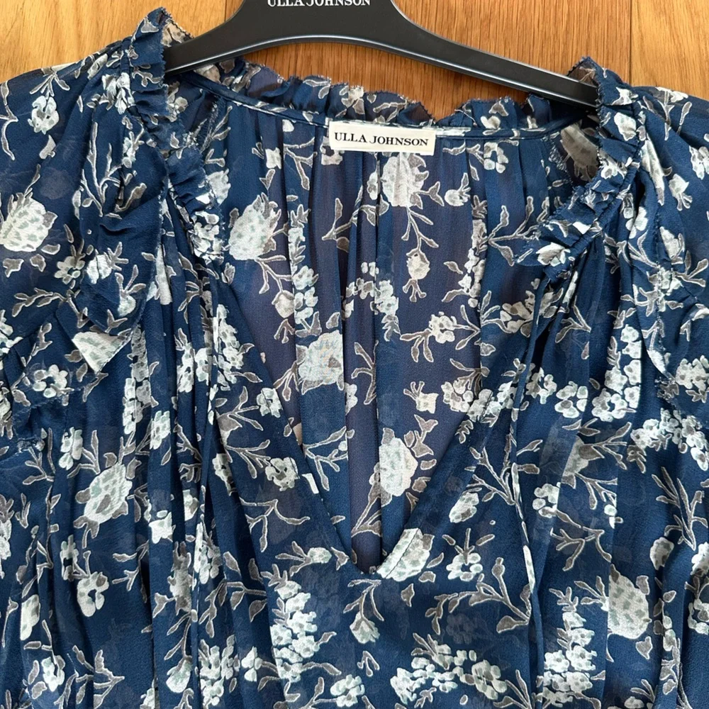 Ulla Johnson - Navy Floral Silk Ruffle Long Sleeve Dress - 4/S - Picture 4 of 9